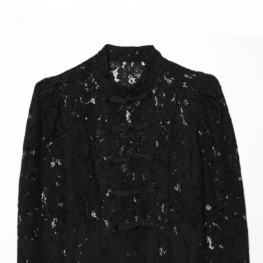 Damen Transparente Spitzenjacke im chinesischen Stil mit Stehkragen und Knotenverschlüssen Nord Taschen