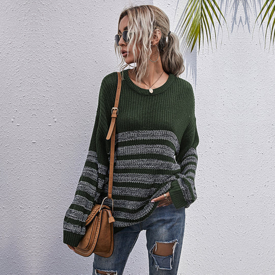 Damen Bequemer Strickpullover mit Streifenmuster Nord Taschen
