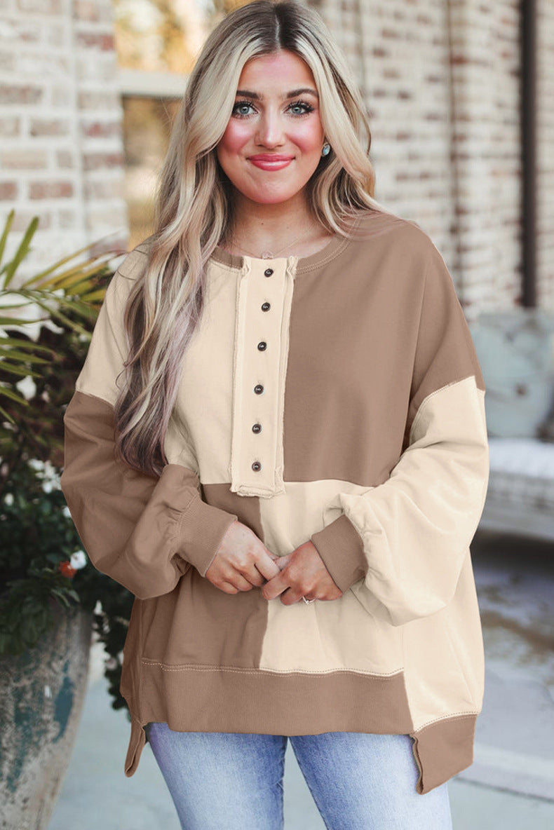 Damen Oversize-Longsleeve-Sweatshirt im Colorblock mit Henley-Knopfleiste und Ballonärmeln Nord Taschen