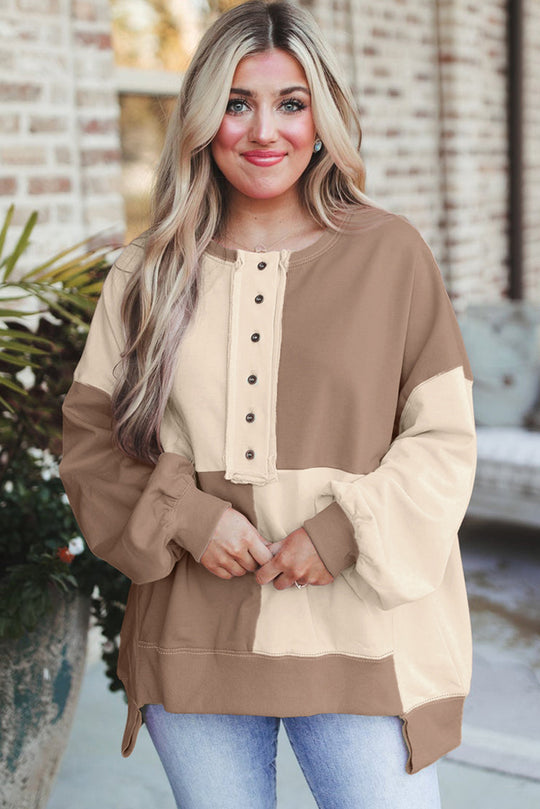Damen Oversize-Longsleeve-Sweatshirt im Colorblock mit Henley-Knopfleiste und Ballonärmeln Nord Taschen