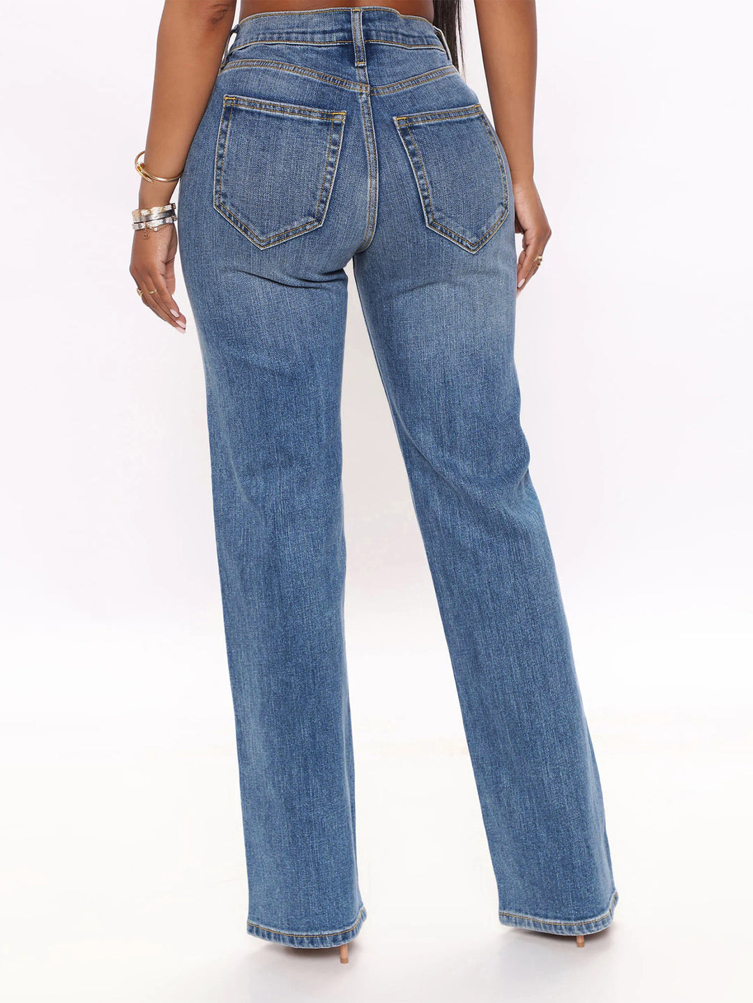 Damen Hochtaillierte Gerade‑Bein-Jeans im Retro‑Stil mit weitem Saum und Fünf‑Taschen‑Design Nord Taschen
