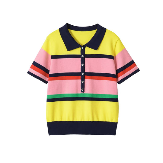 Damen Kurzärmeliges Strickpoloshirt mit Knopfleiste und Blockstreifen Nord Taschen