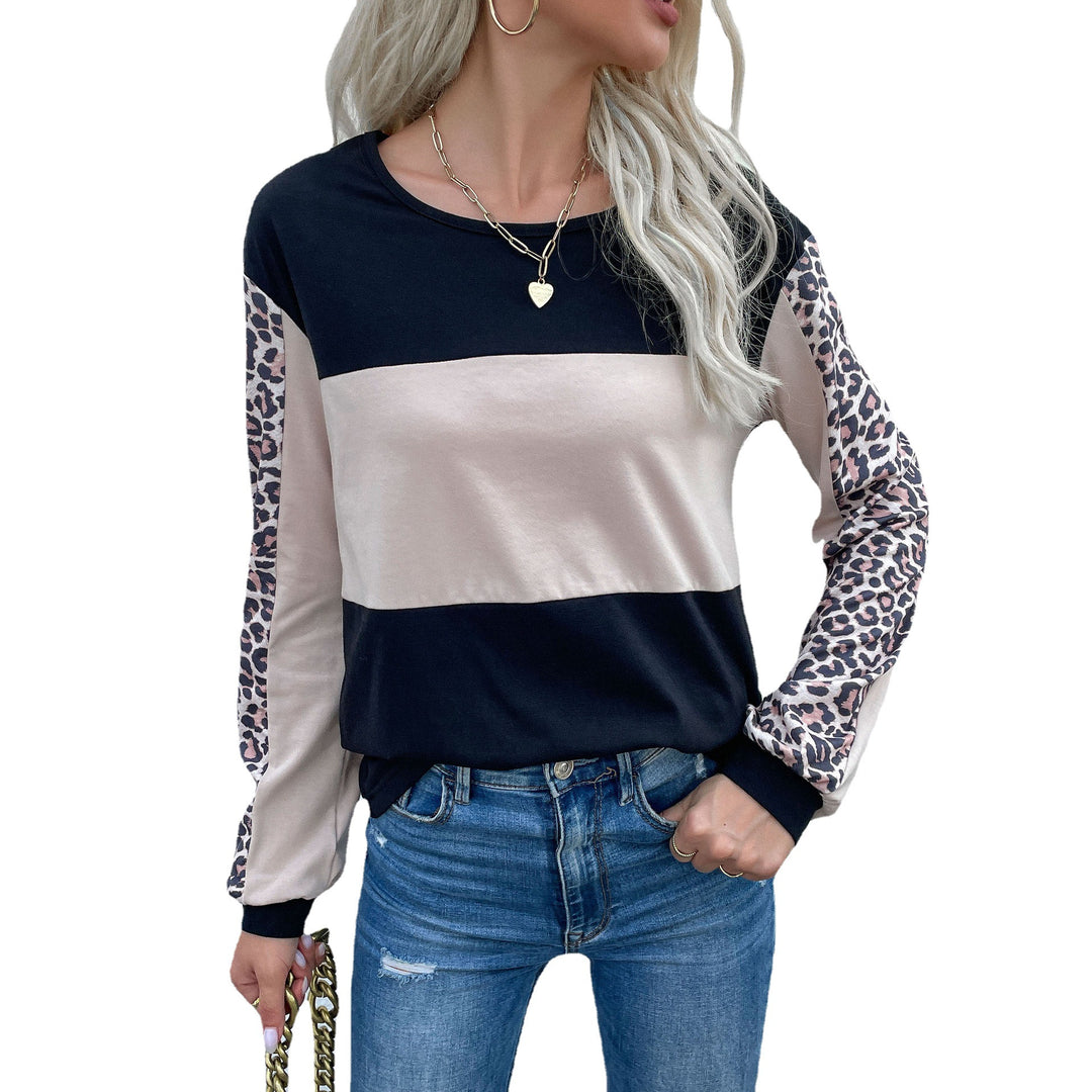 Damen Colorblock-Longsleeve mit Leoprint-Ärmeln und gerippten Bündchen Nord Taschen