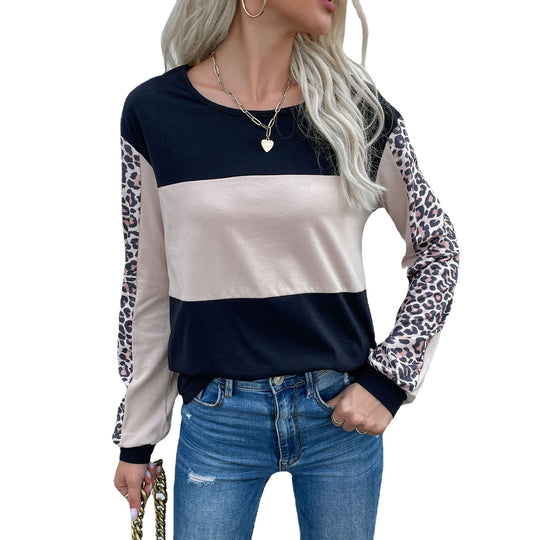 Damen Colorblock-Longsleeve mit Leoprint-Ärmeln und gerippten Bündchen Nord Taschen