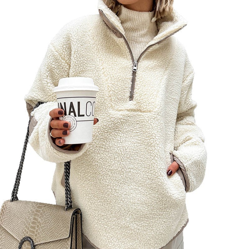 Damen Oversized Sherpa-Fleece Pullover mit halbem Reißverschluss und Kängurutasche Nord Taschen