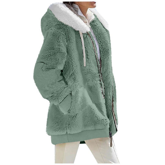 Damen Kuschelige Teddy-Kapuzenjacke mit Kontrastbesatz, Reißverschluss und Eingrifftaschen Nord Taschen
