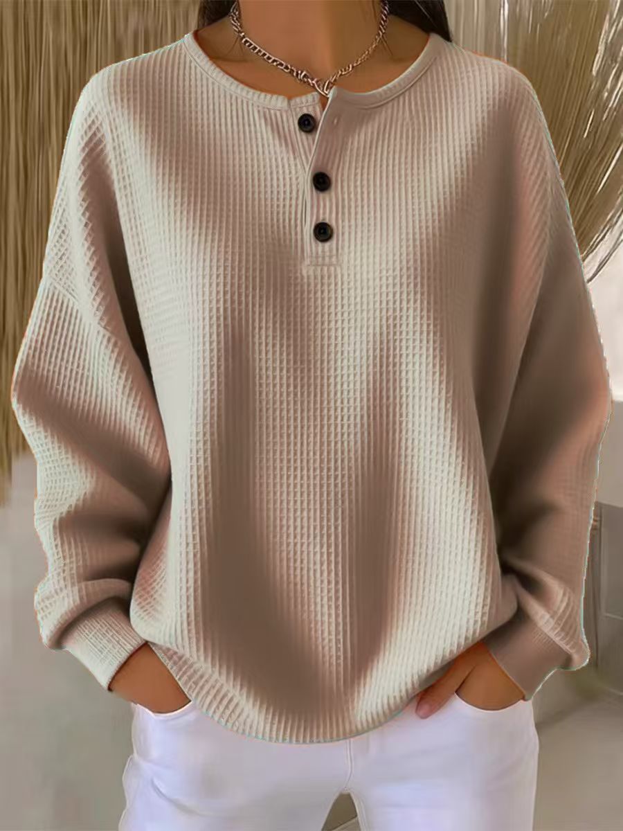 Damen Waffelstrick-Henley-Longsleeve mit Knopfleiste und Oversize-Passform Nord Taschen