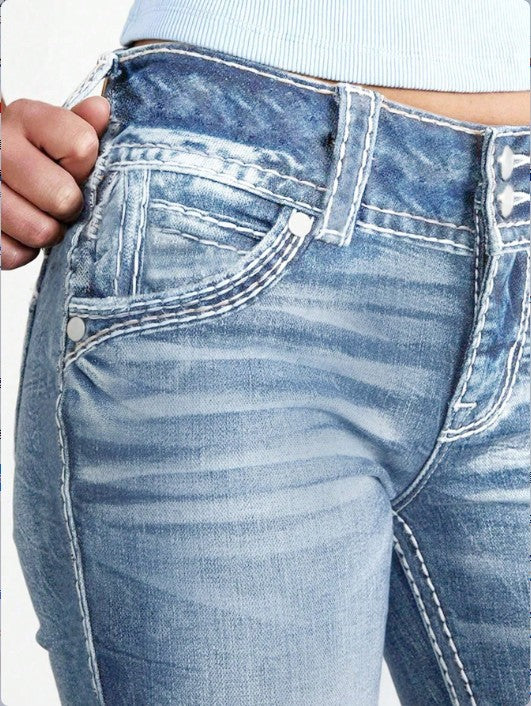 Damen enge High-Waist Skinny-Jeans mit sichtbarer Kontrastnaht Nord Taschen