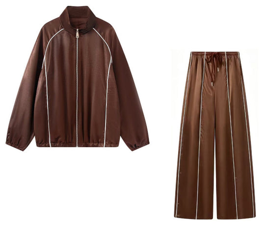 Damen Zweiteiliges Satin-Trainingsset mit Reißverschlussjacke und weitem Trackpant Nord Taschen
