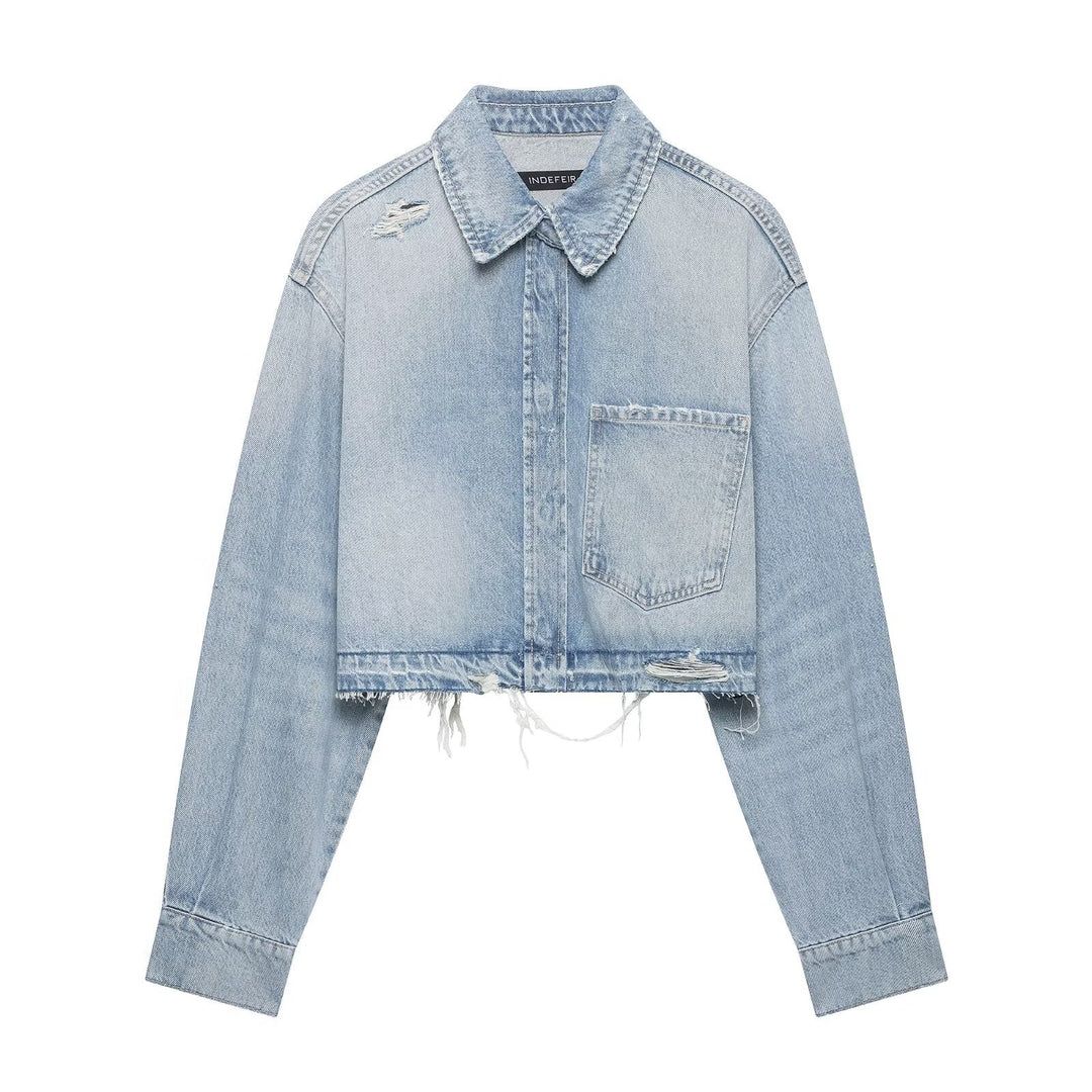 Damen Cropped Jeansjacke im Used‑Look mit ausgefranstem Saum und Oversize‑Ärmeln Nord Taschen