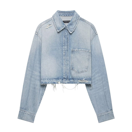 Damen Cropped Jeansjacke im Used‑Look mit ausgefranstem Saum und Oversize‑Ärmeln Nord Taschen
