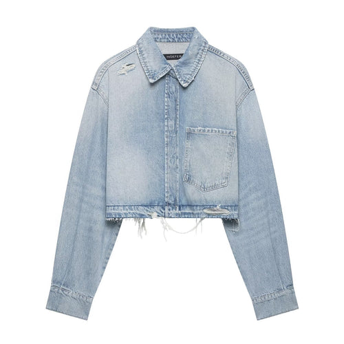 Damen Cropped Jeansjacke im Used‑Look mit ausgefranstem Saum und Oversize‑Ärmeln Nord Taschen