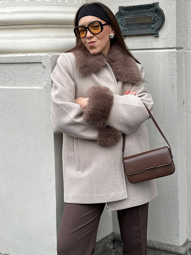Damen Eleganter Kurzmantel aus Wollmix mit abnehmbarem Webpelzkragen und verdecktem Zweiwege-Reißverschluss Nord Taschen