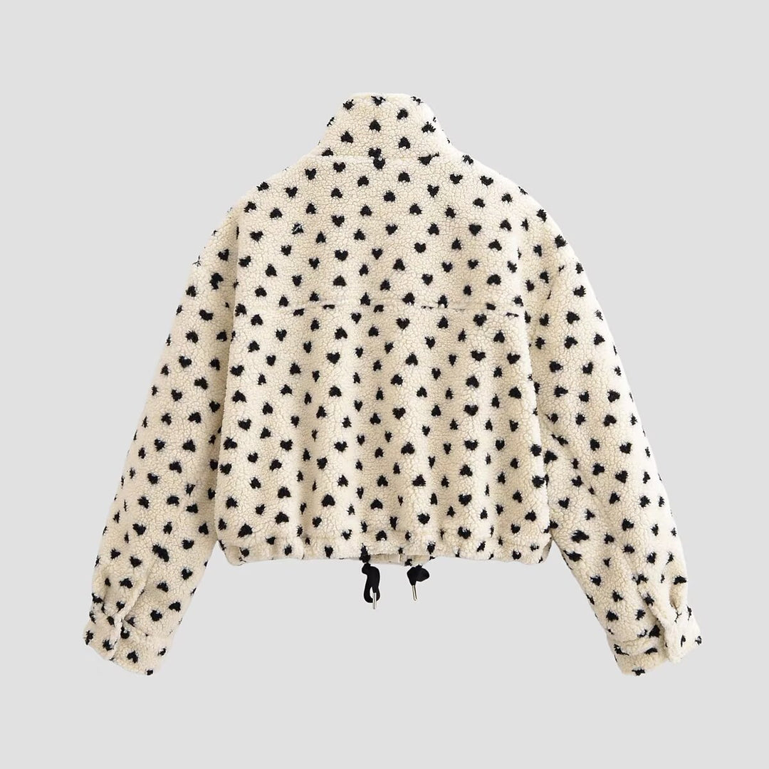 Damen Teddyjacke mit Stehkragen, Herzchen-Allover und Kordelzugsaum Nord Taschen
