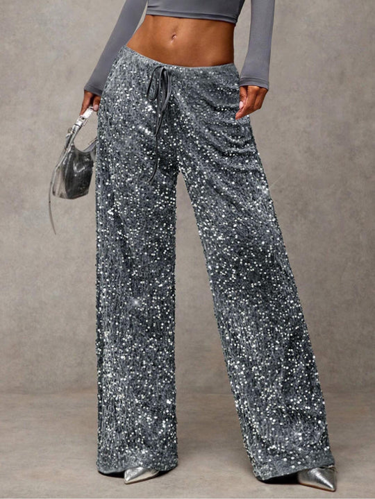 Damen Pailletten-Palazzohose mit hohem Bund und Kordelzug Nord Taschen