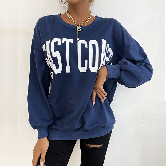 Damen Lockeres Rundhals-Sweatshirt im Collegestyle mit Blockschrift-Print und geripptem Saum Nord Taschen