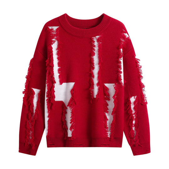 Damen Oversize Strickpullover mit Fransenapplikationen und Destroy-Look Nord Taschen