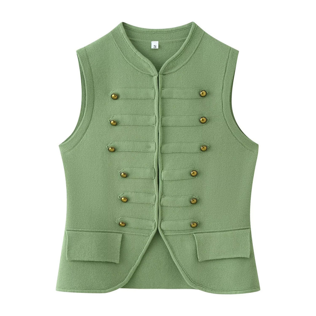 Damen Militärinspirierte Bouclé‑Weste mit Stehkragen und Zierknöpfen Nord Taschen