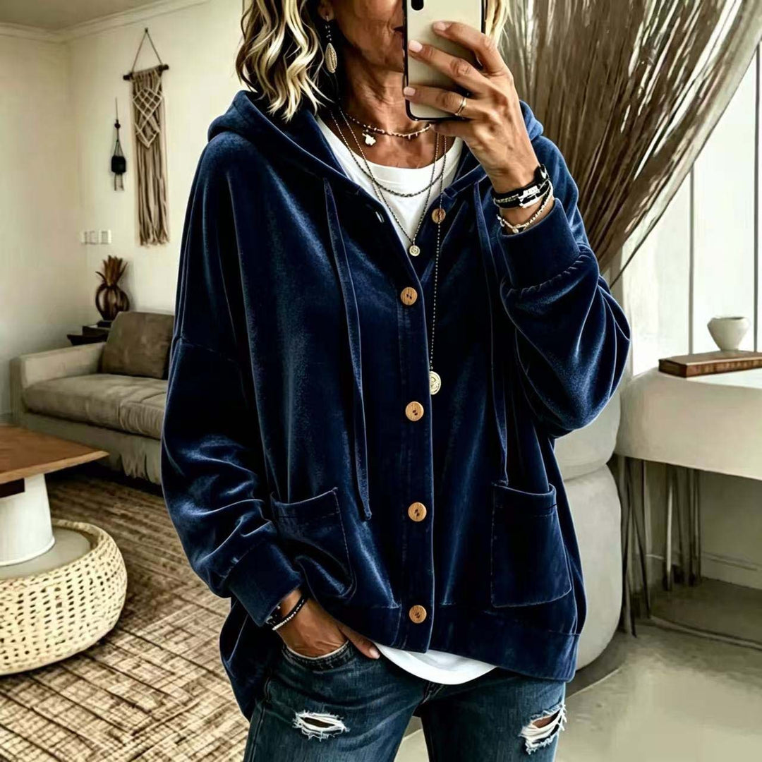 Damen Oversize Kapuzen-Samtjacke mit Knopfleiste und aufgesetzten Taschen Nord Taschen