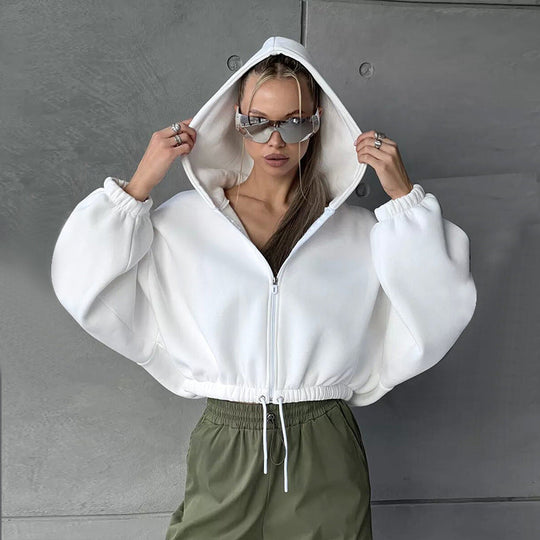 Damen Sportlicher Cropped Hoodie mit Reißverschluss und Kordelzug