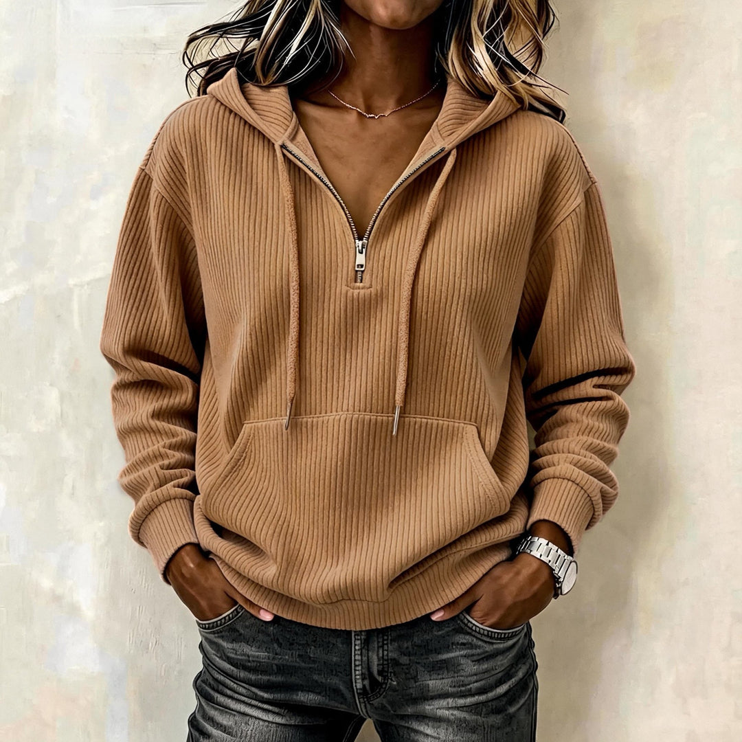 Damen Gestrickter Ripp-Hoodie mit halbem Reißverschluss, Kängurutasche und Oversize-Schnitt Nord Taschen