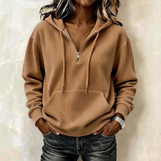 Damen Gestrickter Ripp-Hoodie mit halbem Reißverschluss, Kängurutasche und Oversize-Schnitt Nord Taschen