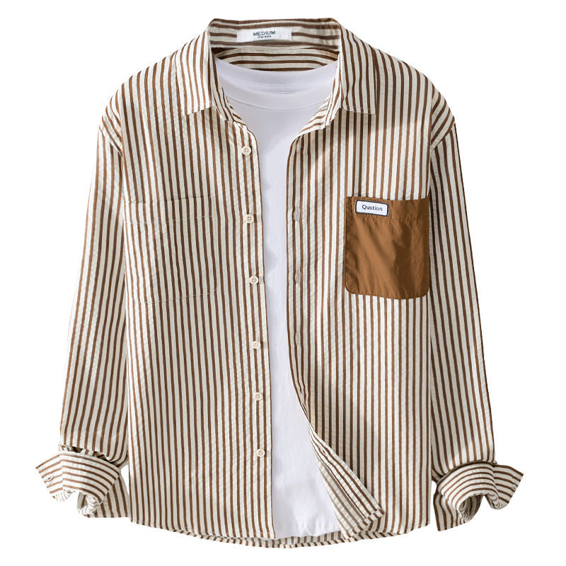 Herren Gestreiftes Langarm-Overshirt aus Baumwollmix mit kontrastierter Brusttasche Nord Taschen