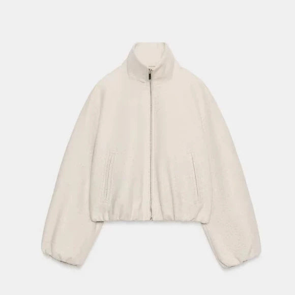 Damen Kurz geschnittene Bouclé‑Blousonjacke mit Stehkragen, elastischem Saum und Ballonärmeln Nord Taschen