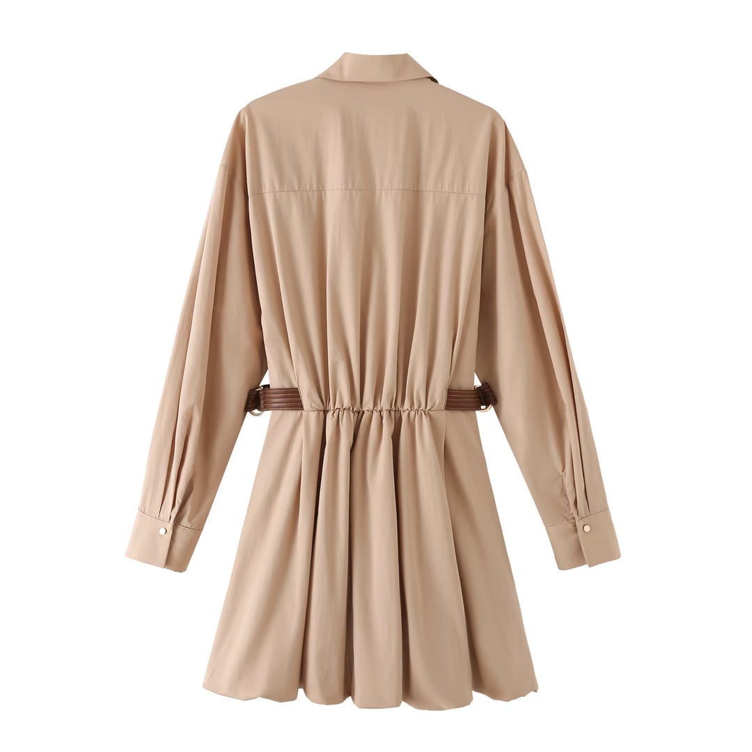 Damen Hemdblusenkleid mit Taillen-Tunnelzug, plissiertem Rock und Hemdkragen Nord Taschen