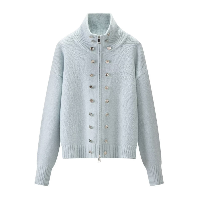 Damen Cropped Strickjacke mit hohem Stehkragen, Zierknopfleiste und Doppelreißverschluss Nord Taschen