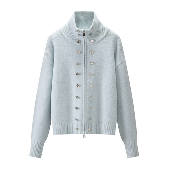 Damen Cropped Strickjacke mit hohem Stehkragen, Zierknopfleiste und Doppelreißverschluss Nord Taschen