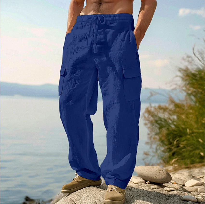 Herren weite Casual-Cargohose aus Leinen-Baumwollmix mit Elastikbund, Tunnelzug und großen Pattentaschen Nord Taschen