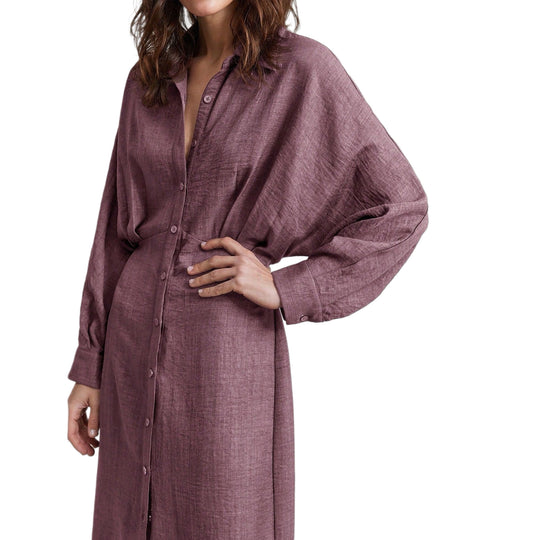 Damen Leinen-Maxikleid mit Hemdkragen, durchgehender Knopfleiste und Fledermausärmeln Nord Taschen
