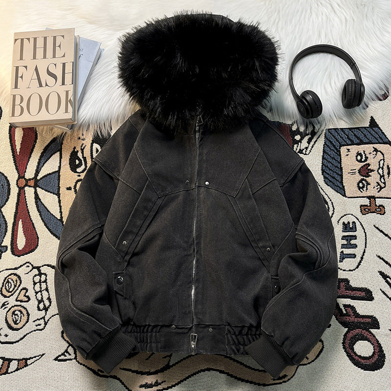Unisex Wattierte Bomberjacke mit großer Kapuze und Kunstfellbesatz Nord Taschen