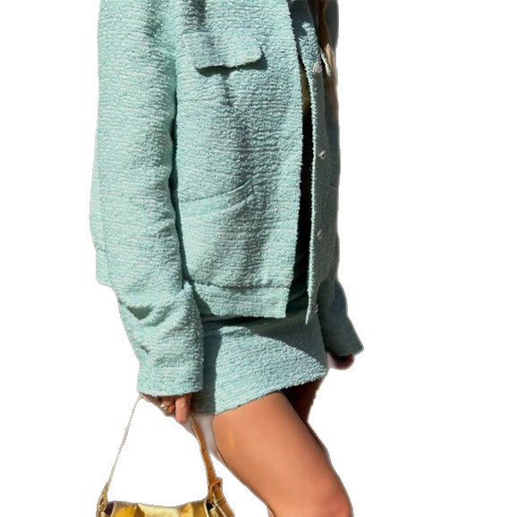 Damen Tweed-Zweiteiler Kurzjacke und Minirock im Bouclé-Stil Nord Taschen