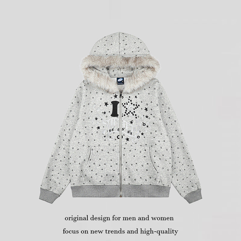 Damen Gepunktete Kapuzen-Sweatjacke mit Kunstfellbesatz, durchgehendem Reißverschluss und Kängurutaschen Nord Taschen