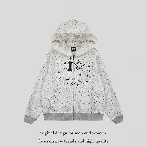 Damen Gepunktete Kapuzen-Sweatjacke mit Kunstfellbesatz, durchgehendem Reißverschluss und Kängurutaschen Nord Taschen
