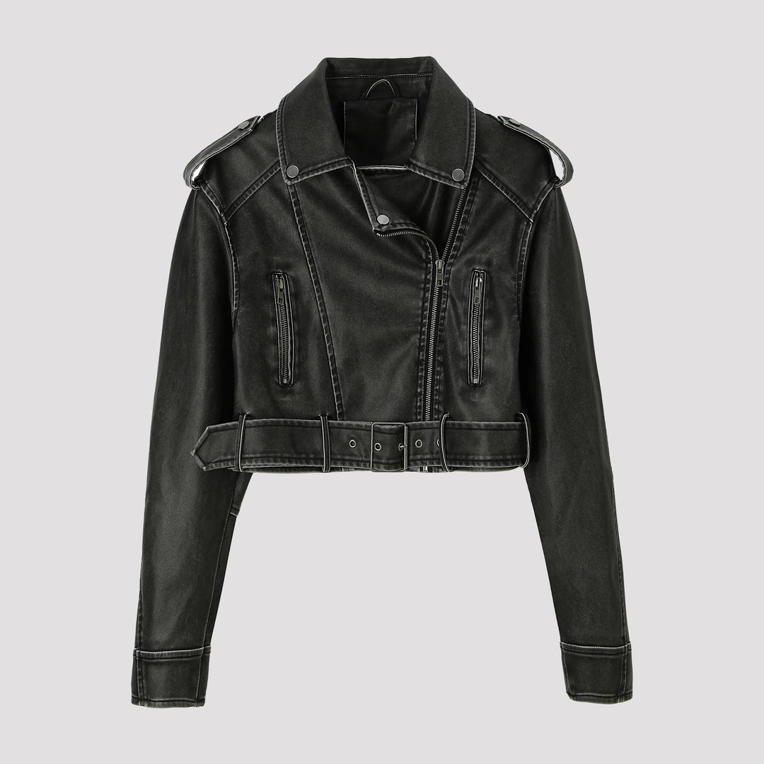 Damen Kontrastblazer aus Kunstleder mit spitzem Revers und taillierter Schnittführung Nord Taschen