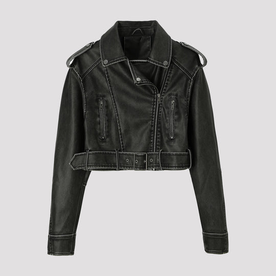 Damen Kontrastblazer aus Kunstleder mit spitzem Revers und taillierter Schnittführung Nord Taschen