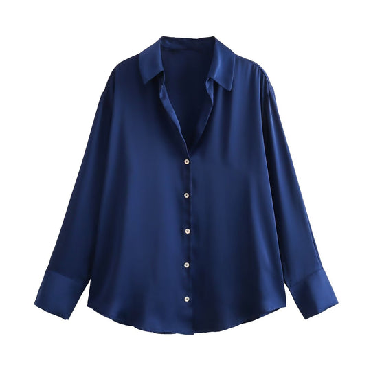 Damen Oversized Satinbluse mit Hemdkragen und breiten Manschetten Nord Taschen