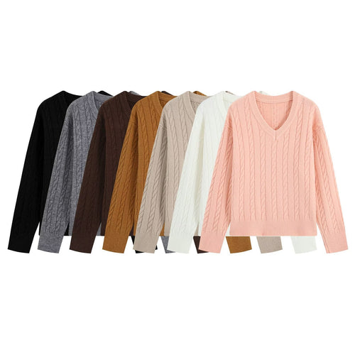 Damen Oversize Zopfmuster-Pullover mit V-Ausschnitt und breitem Rippbündchen Nord Taschen