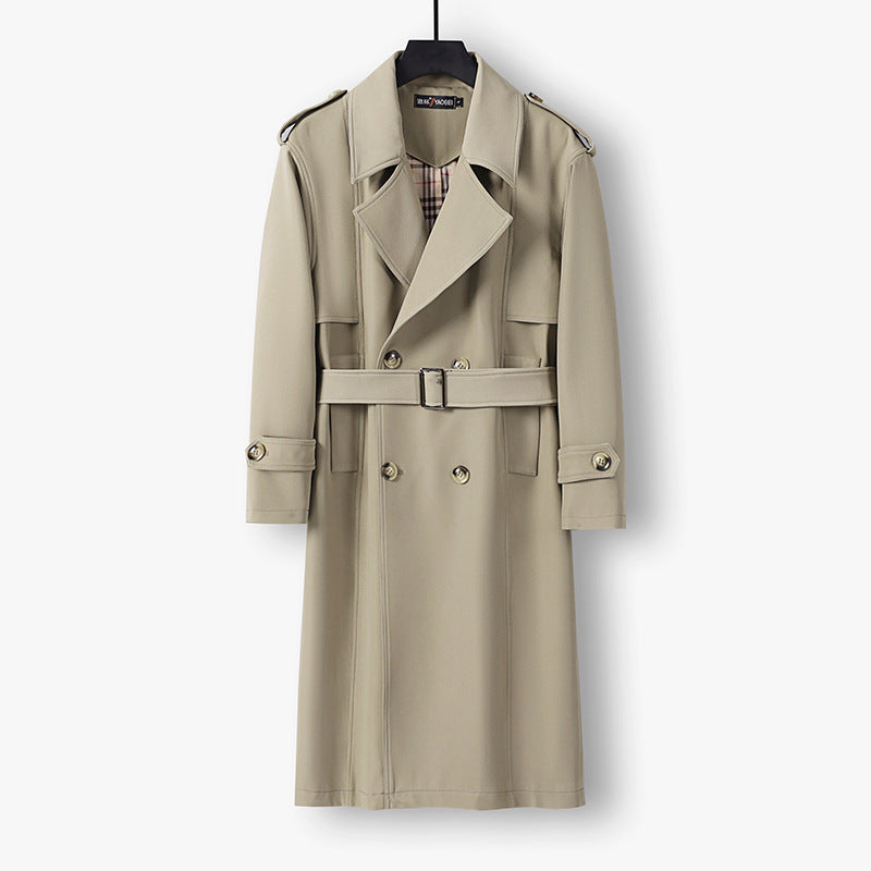 Herren Midilanger Doppelreihiger Trenchcoat mit Taillengürtel, abgefalcetem Revers und kariertem Innenfutter Nord Taschen