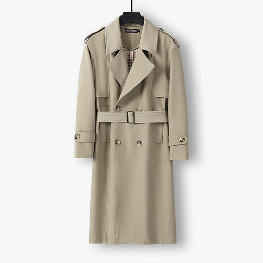 Herren Midilanger Doppelreihiger Trenchcoat mit Taillengürtel, abgefalcetem Revers und kariertem Innenfutter Nord Taschen