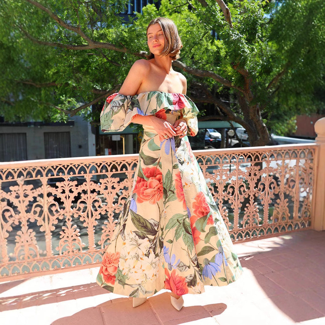 Damen Maxi-Kleid im romantischen Off-Shoulder-Stil mit voluminösen Puffärmeln Nord Taschen