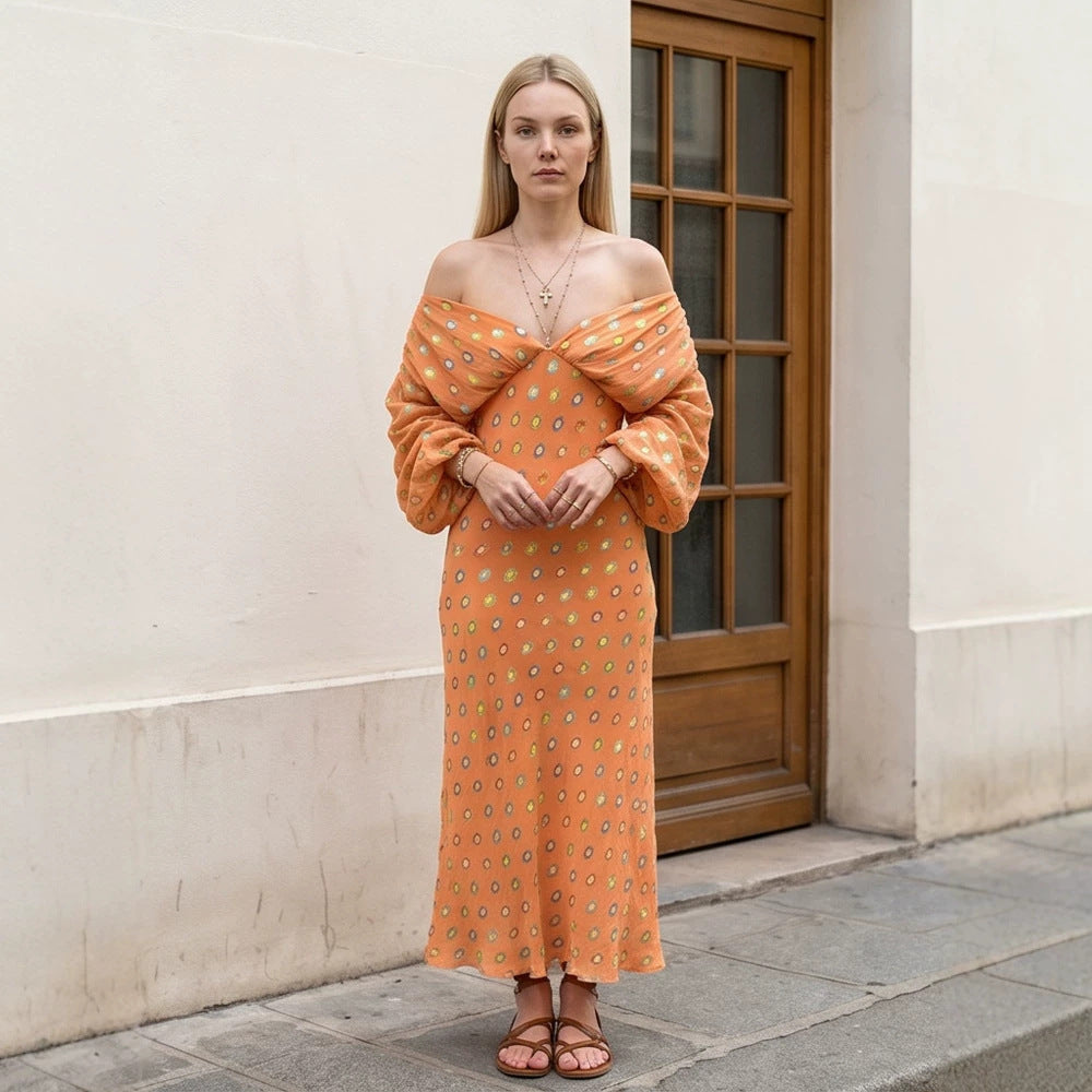 Damen Elegantes Off-Shoulder Maxikleid mit gedrehtem Vorderteil und Ballonärmeln Nord Taschen