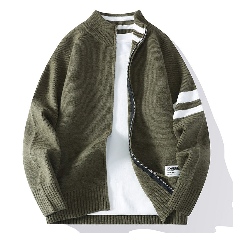 Herren gestrickte Zip-Cardigan im College-Stil mit gestreiftem Ärmelband und geripptem Stehkragen Nord Taschen