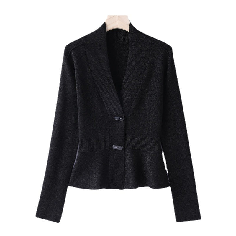 Damen Feiner Strickcardigan mit Schalkragen, taillenbetontem Peplum und Zierknopfleiste Nord Taschen