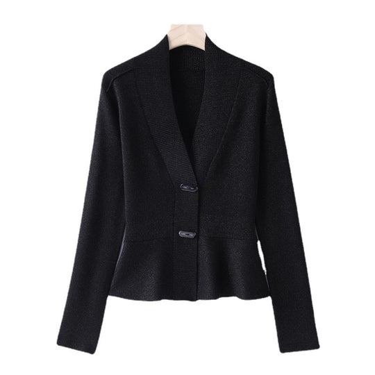 Damen Feiner Strickcardigan mit Schalkragen, taillenbetontem Peplum und Zierknopfleiste Nord Taschen