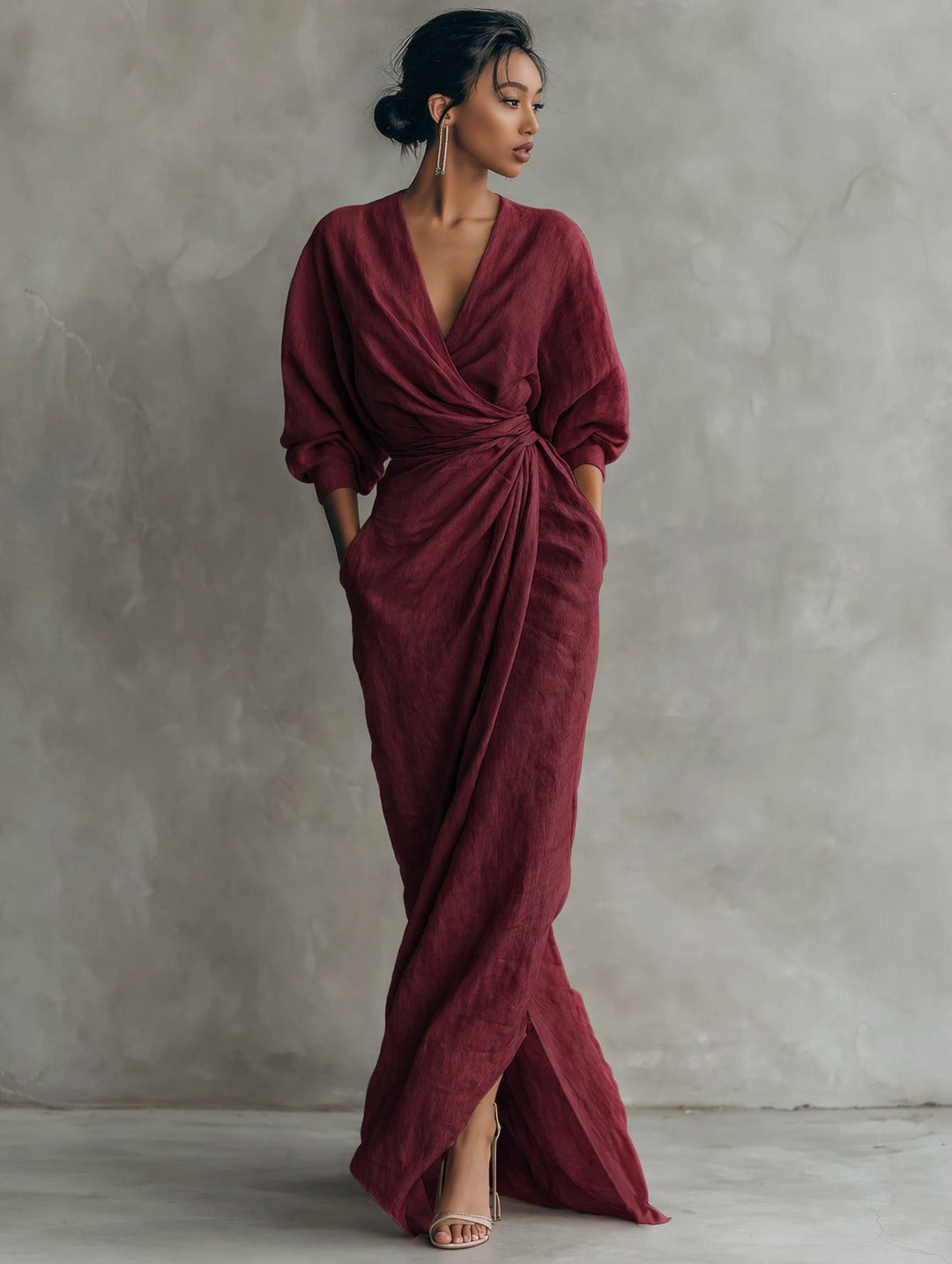 Damen Wickel-Maxikleid aus Leinenmix mit tiefem V-Ausschnitt und Ballonärmeln Nord Taschen