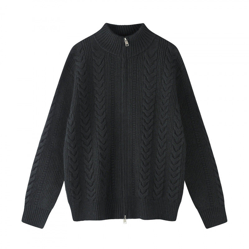 Damen Grobgestrickter Zopfstrick-Cardigan mit durchgehendem Reißverschluss und Stehkragen Nord Taschen